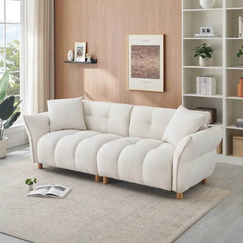 Beige 93.7 Teddy Fabric 3-seater Sofa with Matching Pillows