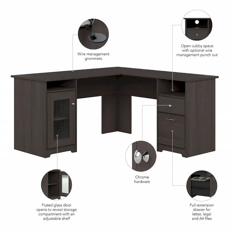 L-Shaped Computer Desk 60W x 60D x 30H - File Drawer & Storage Cabinet - Wire Management - Transitional Style - 200 lbs