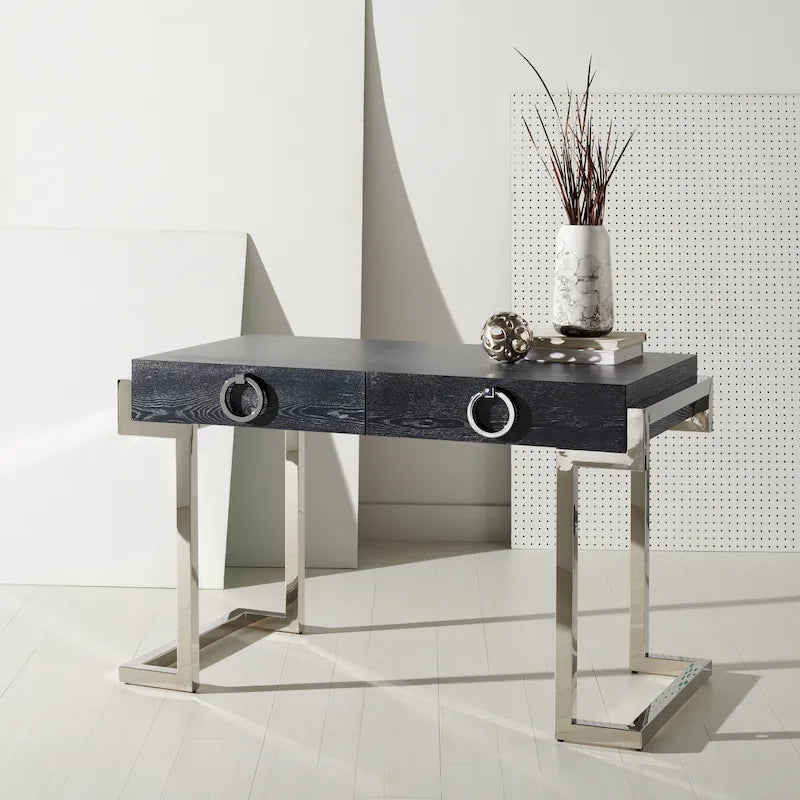 Art Deco 2-Drawer Desk - Black Lacquer with Gold Leaf Accents - Luxury Storage Desk - Wood and Metal Construction