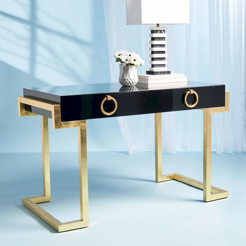 Art Deco 2-Drawer Desk - Black Lacquer with Gold Leaf Accents - Luxury Storage Desk - Wood and Metal Construction