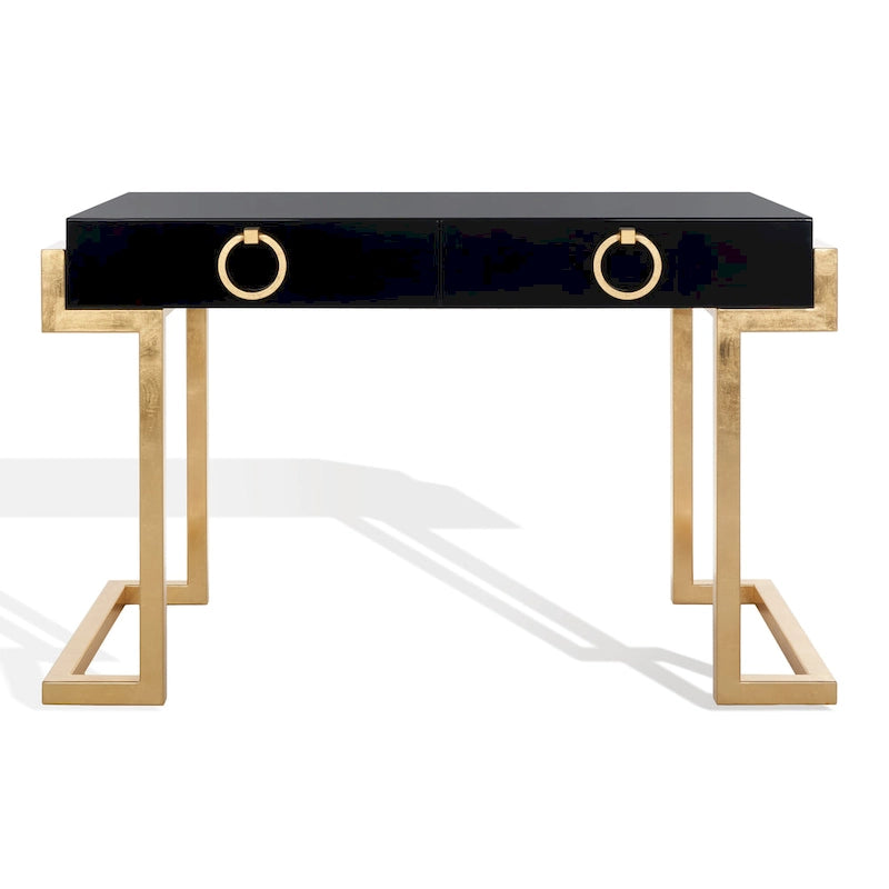 Art Deco 2-Drawer Desk - Black Lacquer with Gold Leaf Accents - Luxury Storage Desk - Wood and Metal Construction