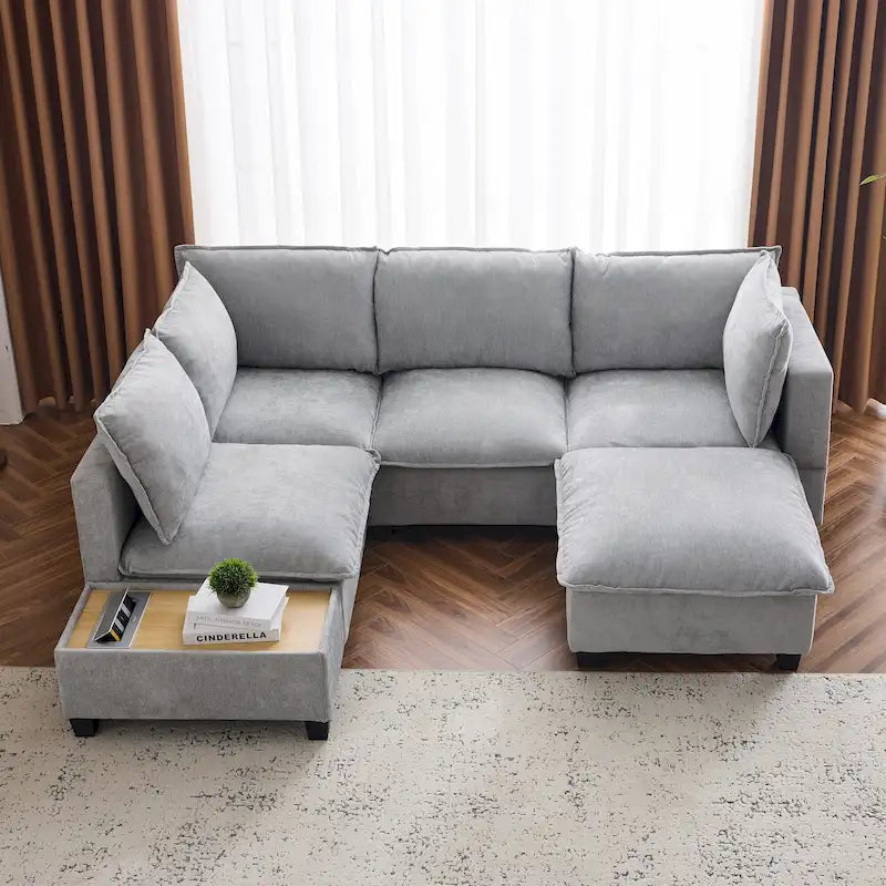 U-Shaped Modular Sectional Sofa with Sleeper Bed - Ottoman Coffee Table - USB Charging Ports - Chenille Fabric - 90x71.45x31.88 inch