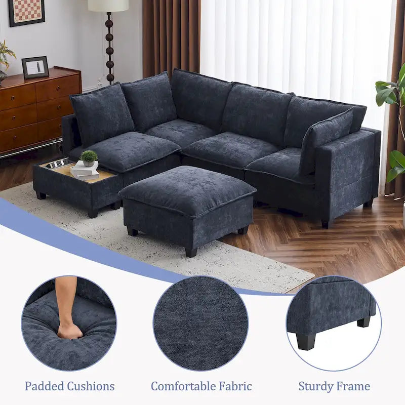 U-Shaped Modular Sectional Sofa with Sleeper Bed - Ottoman Coffee Table - USB Charging Ports - Chenille Fabric - 90x71.45x31.88 inch