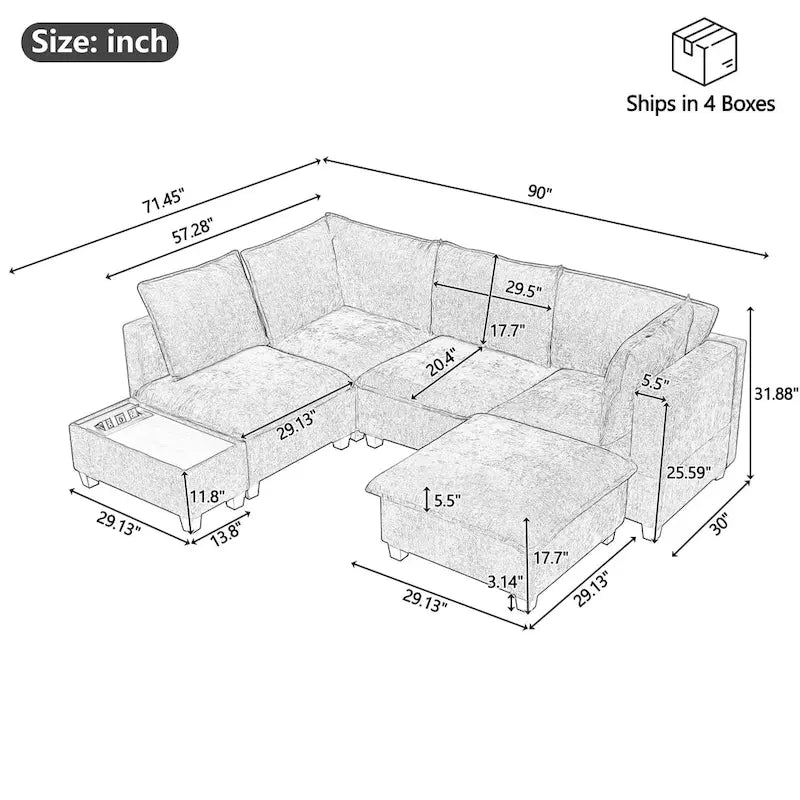 U-Shaped Modular Sectional Sofa with Sleeper Bed - Ottoman Coffee Table - USB Charging Ports - Chenille Fabric - 90x71.45x31.88 inch