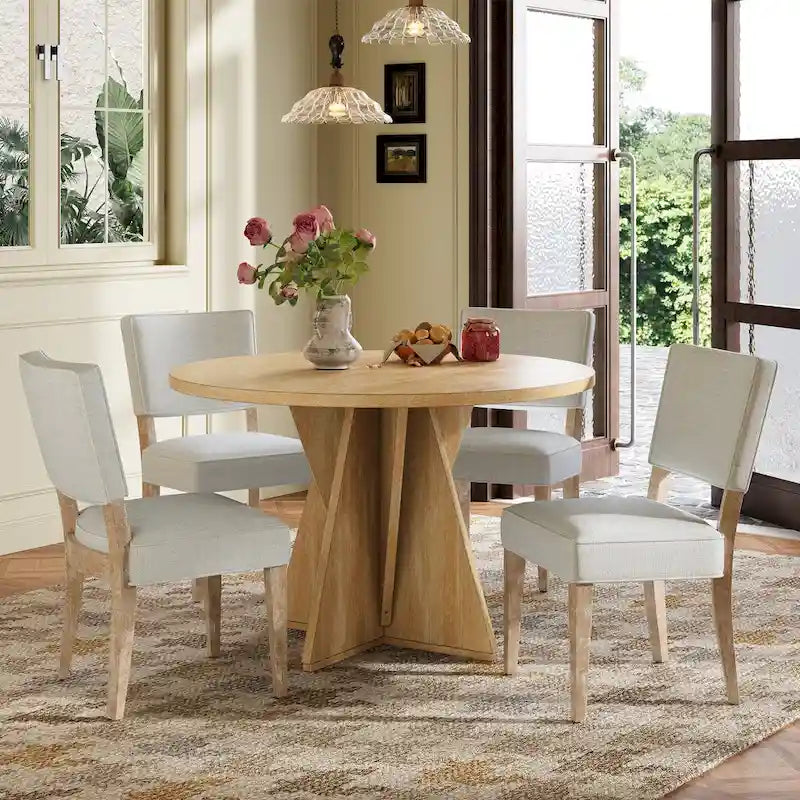 5-Piece Wooden Dining Table Set, Kitchen Table and Chairs Set, Round Table with Cross Base and 4 Upholstered Chairs
