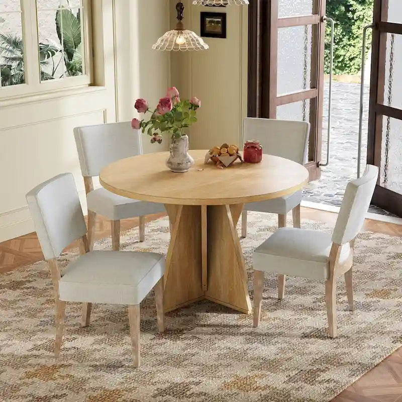 5-Piece Round Dining Table Set - Distressed Wood with Cross Base - 4 Upholstered Chairs - Farmhouse Style