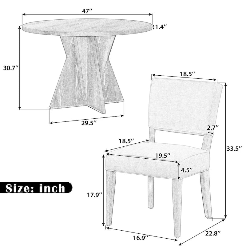 5-Piece Round Dining Table Set - Distressed Wood with Cross Base - 4 Upholstered Chairs - Farmhouse Style