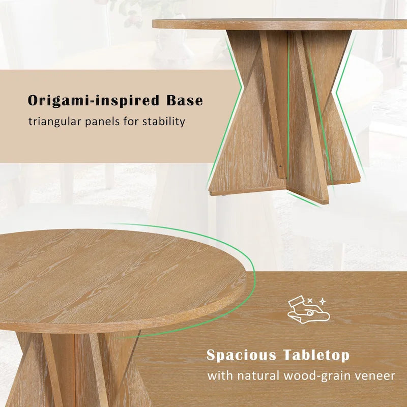 5-Piece Round Dining Table Set - Distressed Wood with Cross Base - 4 Upholstered Chairs - Farmhouse Style