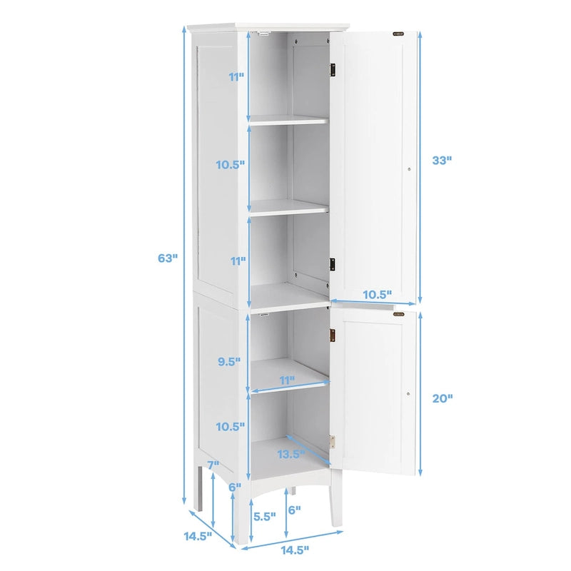 63" Tall Freestanding Bathroom Storage Cabinet 5-Tier White Linen Tower MDF with Magnetic Doors for Kitchen Laundry