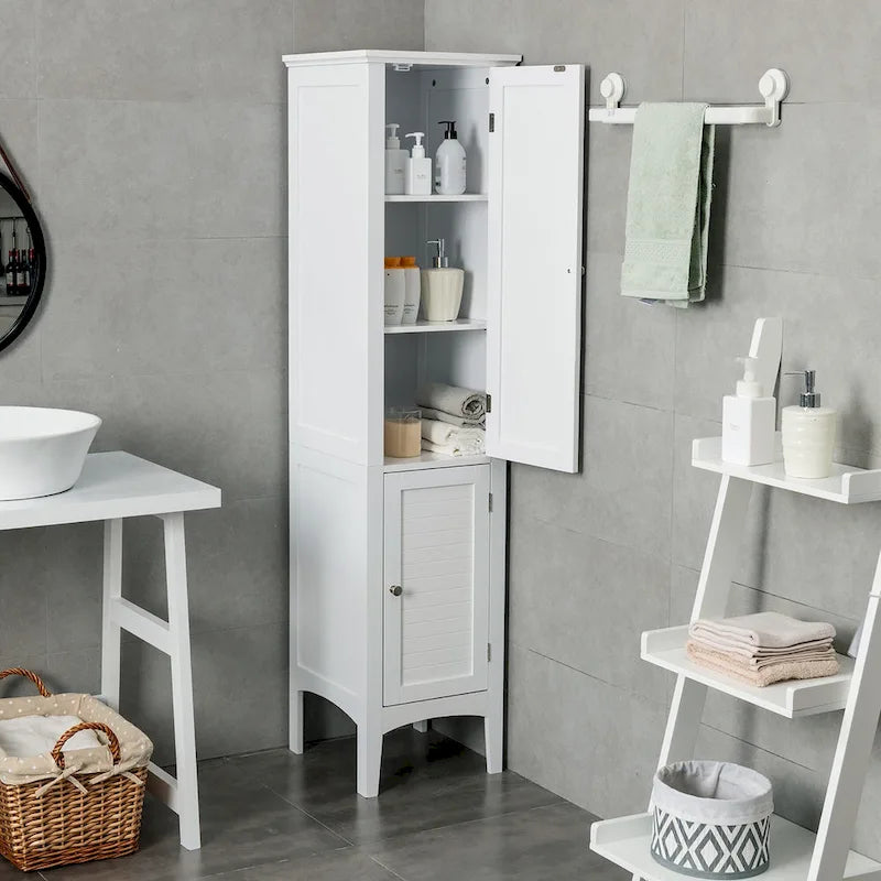 63" Tall Freestanding Bathroom Storage Cabinet 5-Tier White Linen Tower MDF with Magnetic Doors for Kitchen Laundry