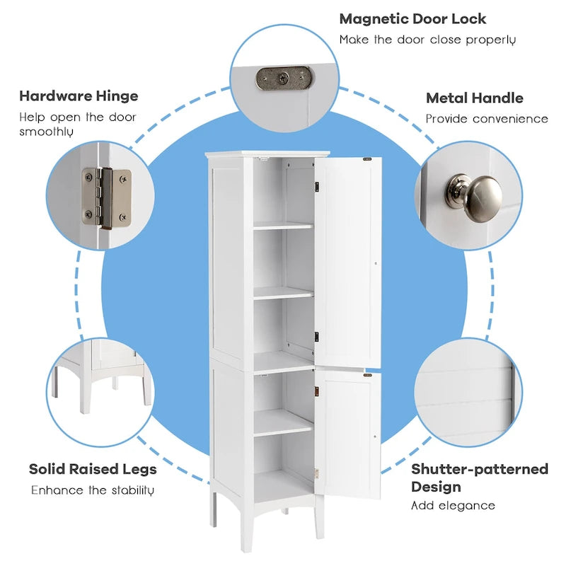 63" Tall Freestanding Bathroom Storage Cabinet 5-Tier White Linen Tower MDF with Magnetic Doors for Kitchen Laundry