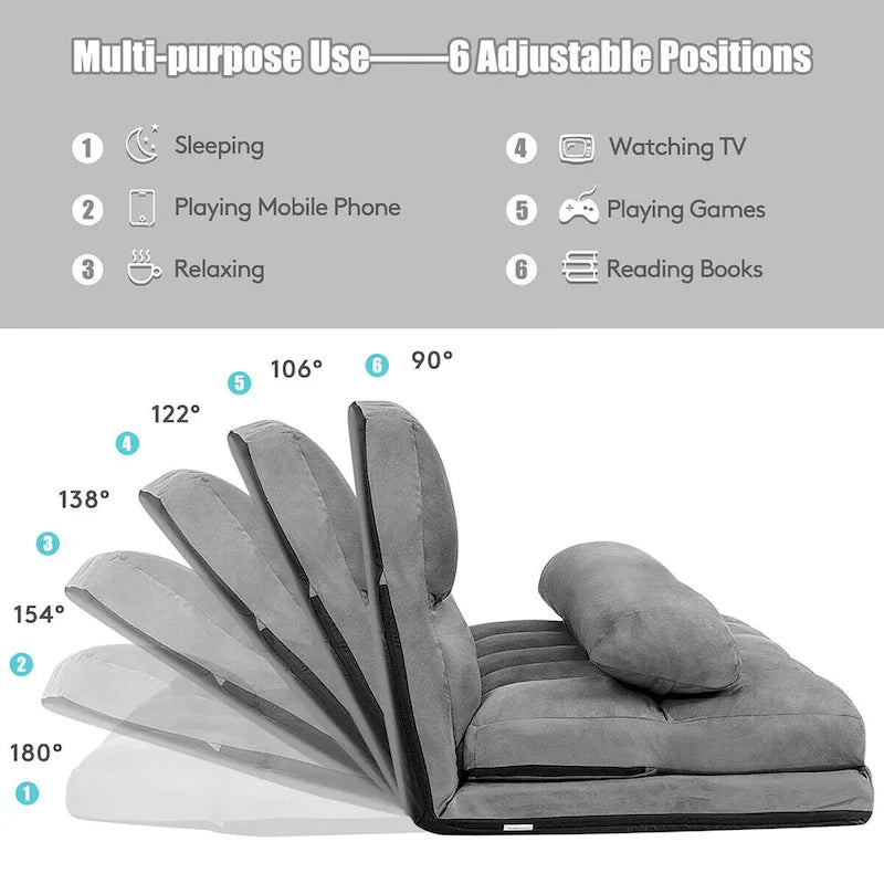 Foldable Floor Sofa Bed - 6-Position Adjustable Backrest - Convertible Lounge Couch - 71L x 44.5W - 330 lbs Capacity