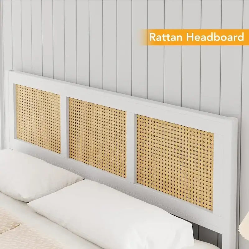 Rattan Platform Bed Frame - Metal Slats 800 lbs - 14" Under-Bed Storage - Bohemian Style - No Box Spring