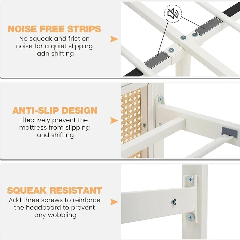 Rattan Platform Bed Frame - Metal Slats 800 lbs - 14" Under-Bed Storage - Bohemian Style - No Box Spring