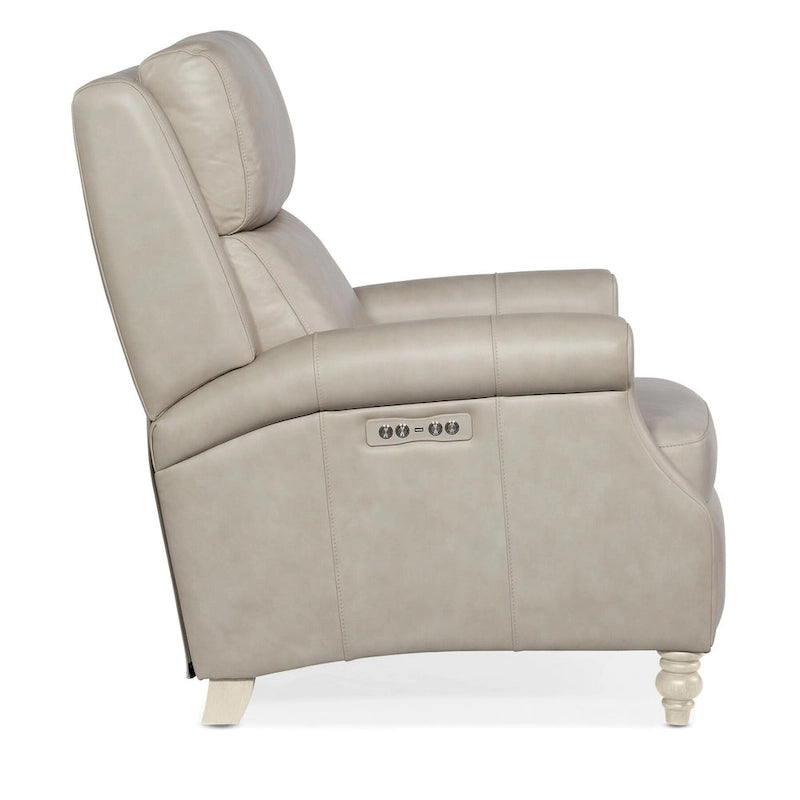 31" Wide Leather Power Recliner - Power Headrest - Bustle Back - Turned Wood Feet - Designer Upholstery