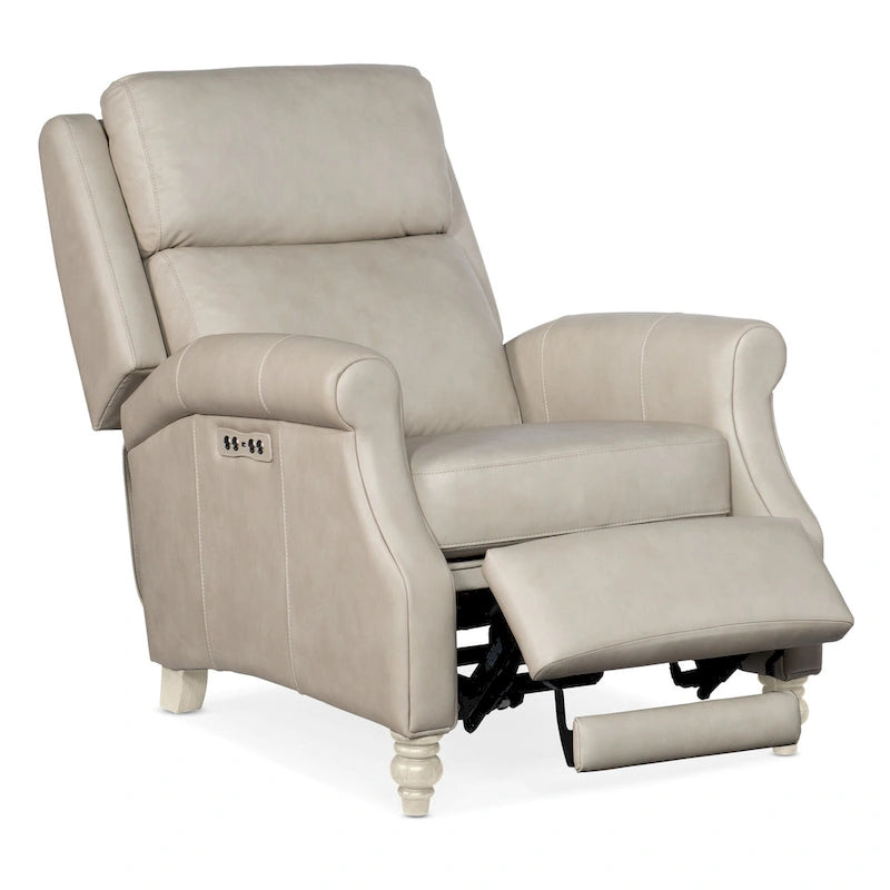 31" Wide Leather Power Recliner - Power Headrest - Bustle Back - Turned Wood Feet - Designer Upholstery