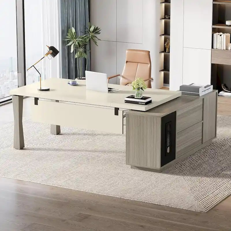 L-Shaped Executive Desk 78.7L x 53W - Office Desk with Storage Cabinet & Shelves - Cream White & Walnut - 350 lbs Capacity