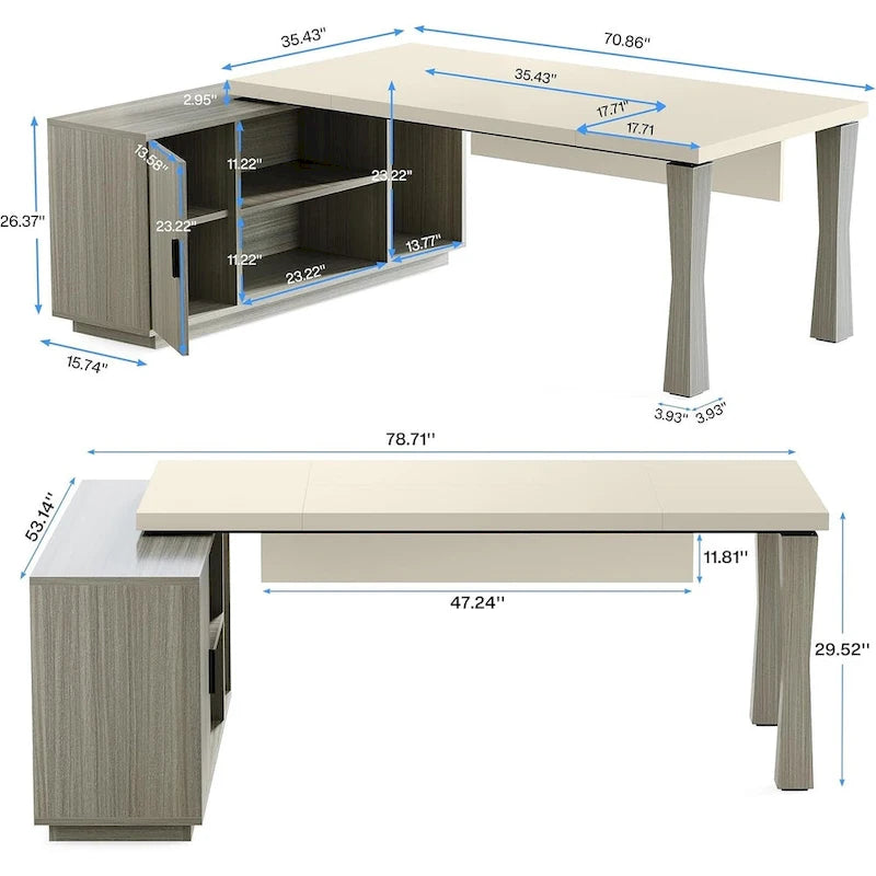 L-Shaped Executive Desk 78.7L x 53W - Office Desk with Storage Cabinet & Shelves - Cream White & Walnut - 350 lbs Capacity