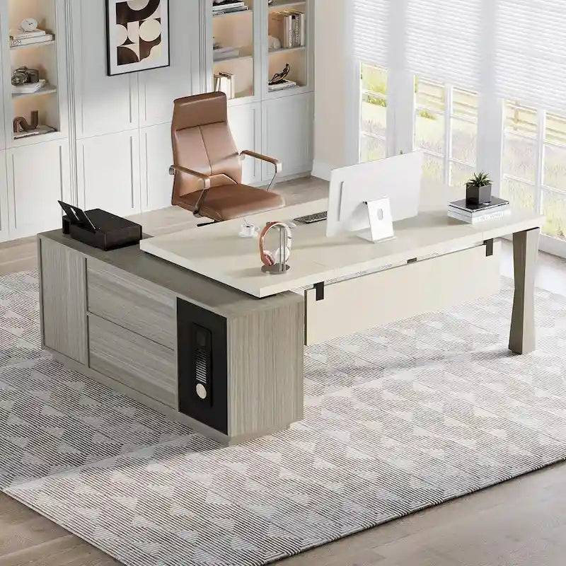 L-Shaped Executive Desk 78.7L x 53W - Office Desk with Storage Cabinet & Shelves - Cream White & Walnut - 350 lbs Capacity