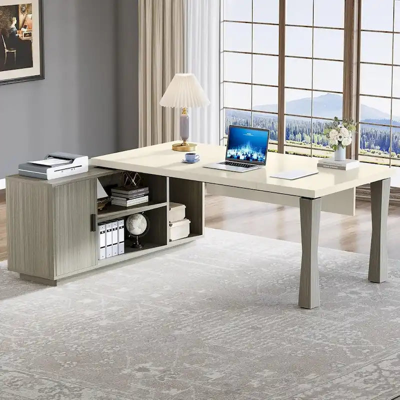 L-Shaped Executive Desk 78.7L x 53W - Office Desk with Storage Cabinet & Shelves - Cream White & Walnut - 350 lbs Capacity