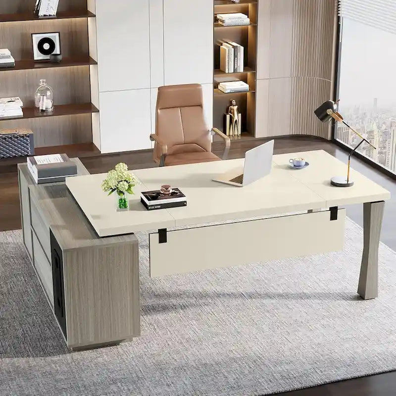 L-Shaped Executive Desk 78.7L x 53W - Office Desk with Storage Cabinet & Shelves - Cream White & Walnut - 350 lbs Capacity