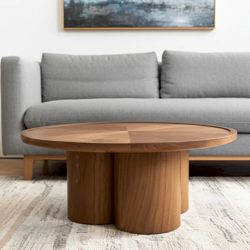 39" Round Pedestal Coffee Table, Natural Solid Elm Wood, Scalloped Base, Modern Living Room Furniture, 39.25"W x 16.5"H