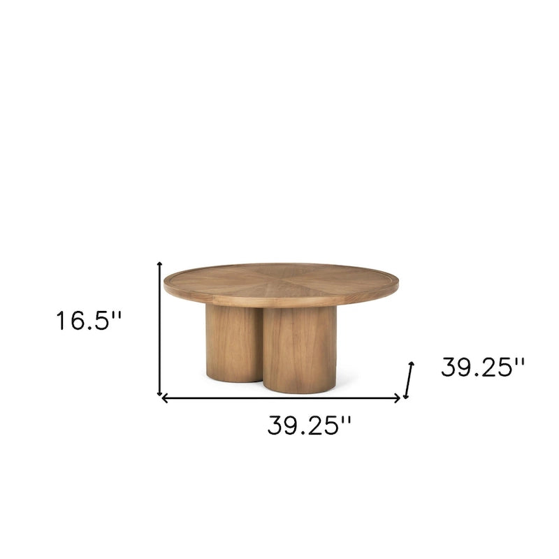 39" Round Pedestal Coffee Table, Natural Solid Elm Wood, Scalloped Base, Modern Living Room Furniture, 39.25"W x 16.5"H