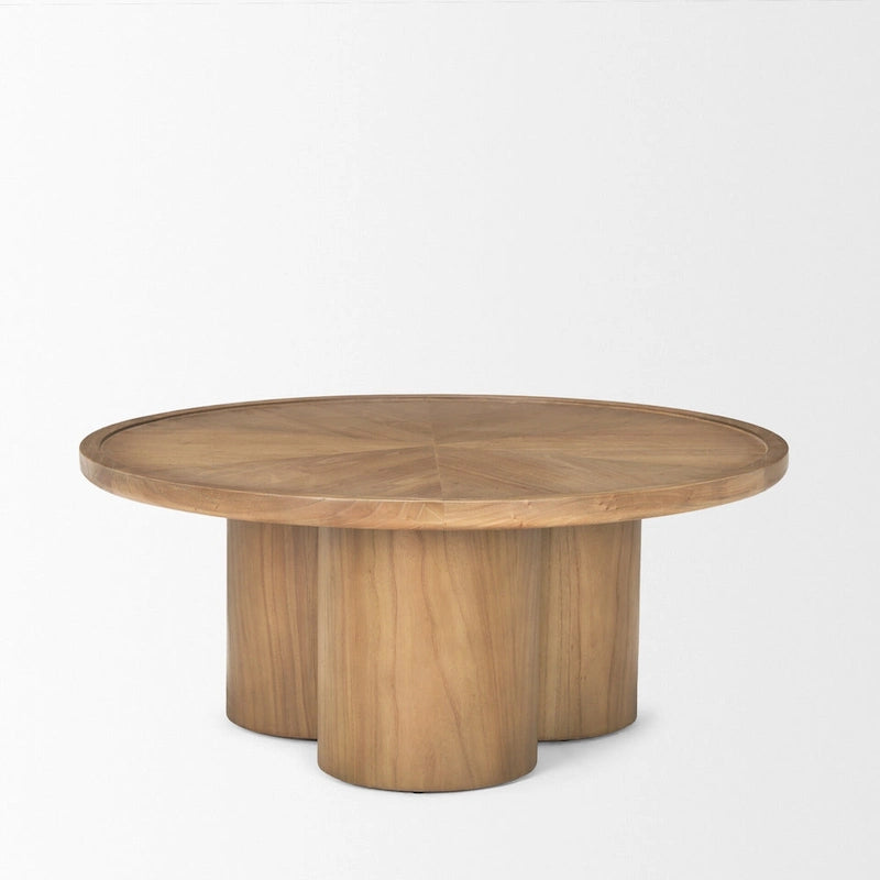 39" Round Pedestal Coffee Table, Natural Solid Elm Wood, Scalloped Base, Modern Living Room Furniture, 39.25"W x 16.5"H