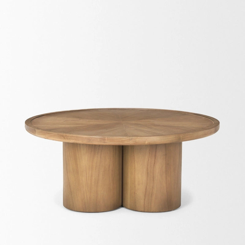 39" Round Pedestal Coffee Table, Natural Solid Elm Wood, Scalloped Base, Modern Living Room Furniture, 39.25"W x 16.5"H