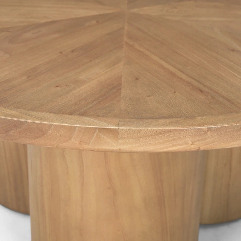 39" Round Pedestal Coffee Table, Natural Solid Elm Wood, Scalloped Base, Modern Living Room Furniture, 39.25"W x 16.5"H