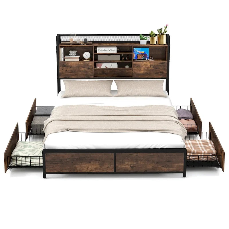 Queen Bed Frame with Bookcase Headboard & 4 Storage Drawers - USB Charging Station - Industrial Style - 485 lbs Capacity