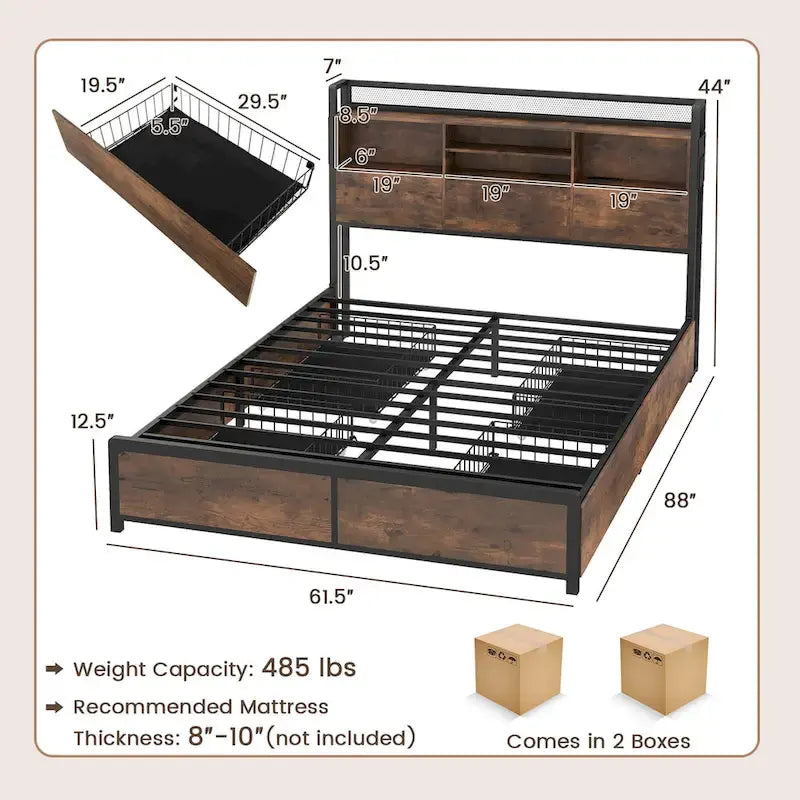 Queen Bed Frame with Bookcase Headboard & 4 Storage Drawers - USB Charging Station - Industrial Style - 485 lbs Capacity