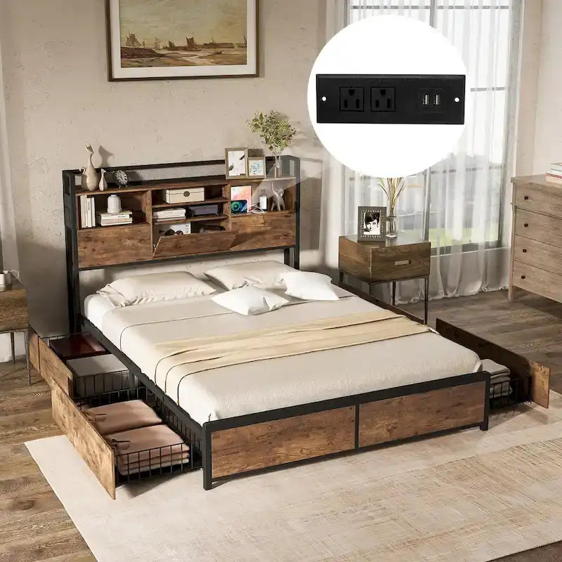 Queen Bed Frame with Bookcase Headboard & 4 Storage Drawers - USB Charging Station - Industrial Style - 485 lbs Capacity