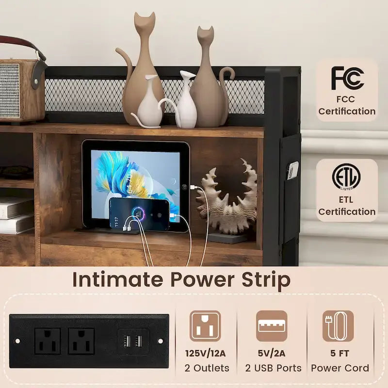 Queen Bed Frame with Bookcase Headboard & 4 Storage Drawers - USB Charging Station - Industrial Style - 485 lbs Capacity