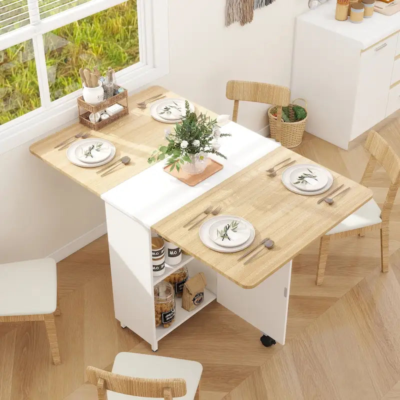 Foldable Dining Table with Storage Cabinet - Expandable Space-Saving - Wheels - Modern Farmhouse Style