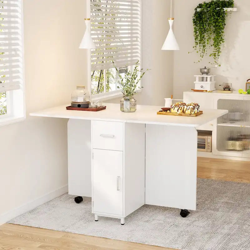Foldable Dining Table with Storage Cabinet - Expandable Space-Saving - Wheels - Modern Farmhouse Style