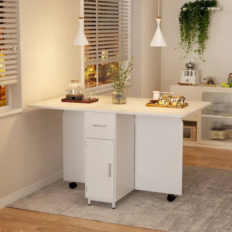 Foldable Dining Table with Storage Cabinet - Expandable Space-Saving - Wheels - Modern Farmhouse Style