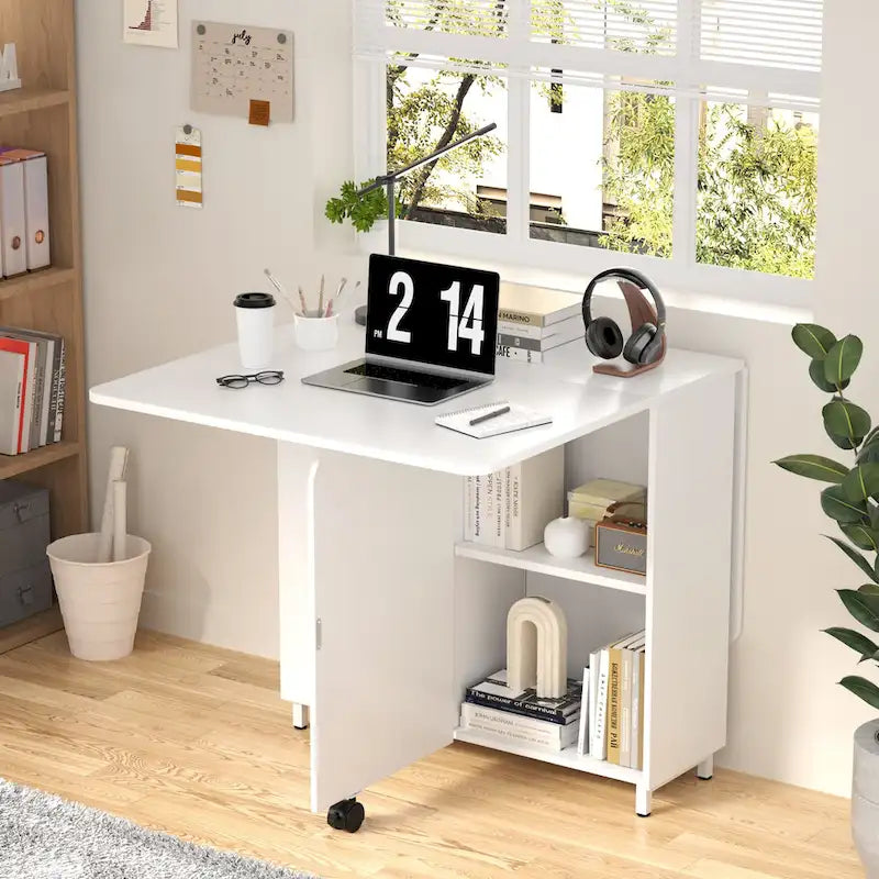 Foldable Dining Table with Storage Cabinet - Expandable Space-Saving - Wheels - Modern Farmhouse Style