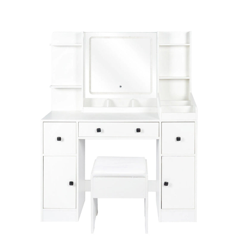 Vanity Desk with LED Lighted Mirror, 3 Color Modes, Drawers & Cabinet Storage, Makeup Table with Adjustable Shelves