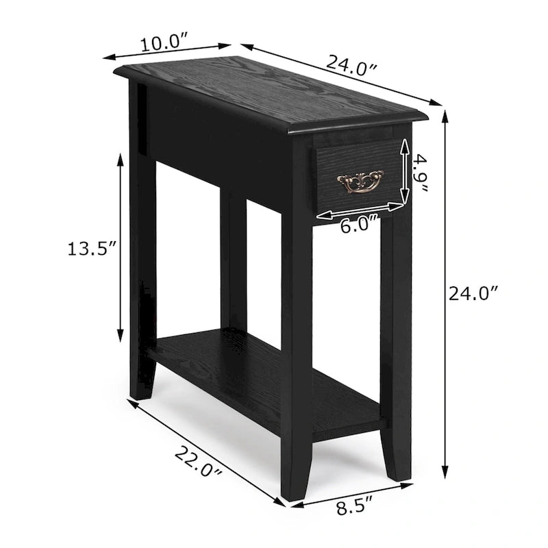 Narrow Side Table 2-Tier - Drawer & Shelf - 24x10x24 inch - 70 lbs Capacity - P2 MDF - Rubberwood Legs - Nightstand End Table