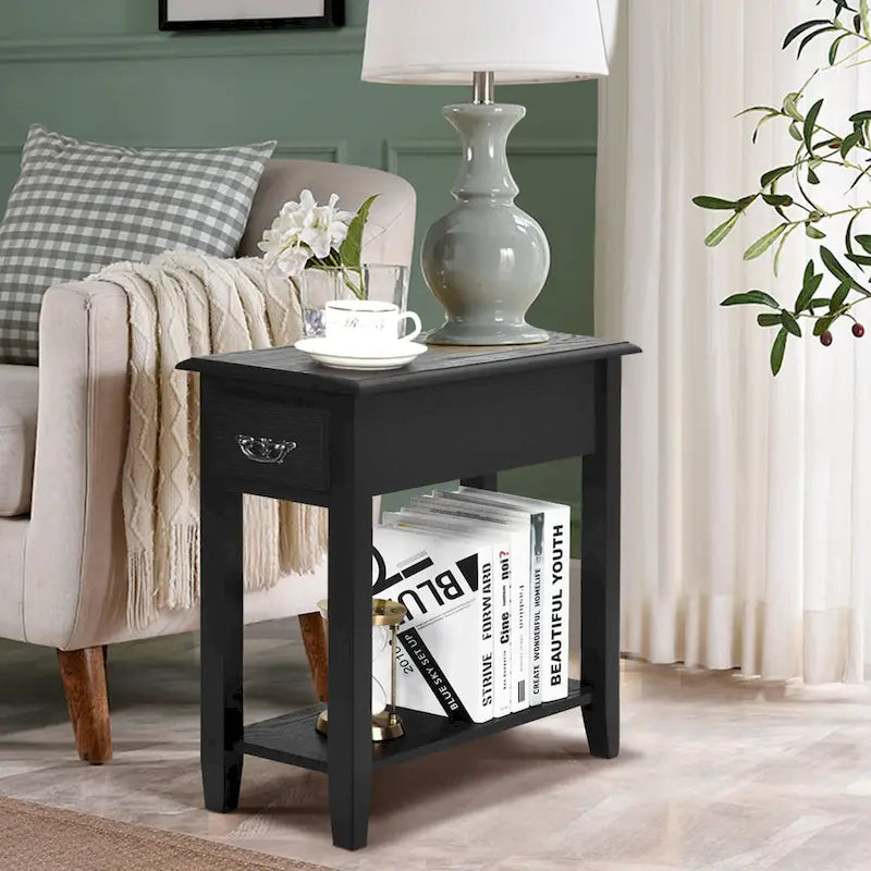 Narrow Side Table 2-Tier - Drawer & Shelf - 24x10x24 inch - 70 lbs Capacity - P2 MDF - Rubberwood Legs - Nightstand End Table