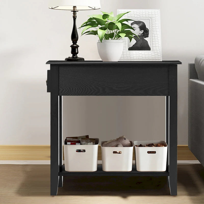 Narrow Side Table 2-Tier - Drawer & Shelf - 24x10x24 inch - 70 lbs Capacity - P2 MDF - Rubberwood Legs - Nightstand End Table