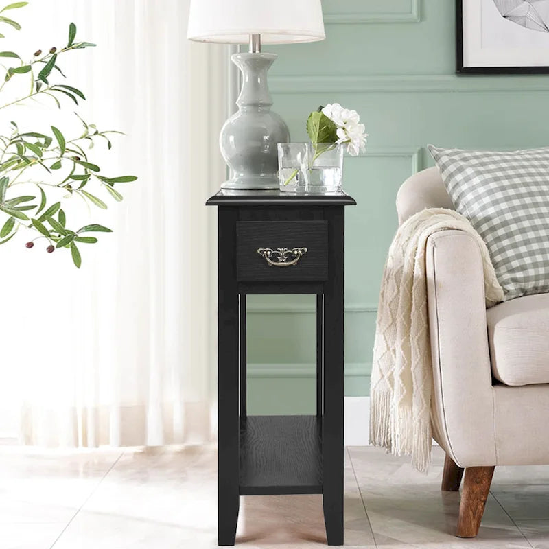 Narrow Side Table 2-Tier - Drawer & Shelf - 24x10x24 inch - 70 lbs Capacity - P2 MDF - Rubberwood Legs - Nightstand End Table