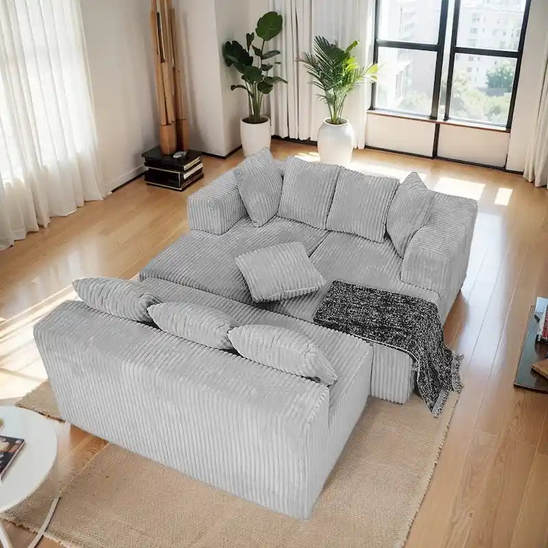 130" U-Shaped Sectional Sofa Corduroy Fabric Reversible Modular Couch for Living Room - Medium Soft Plush Seating