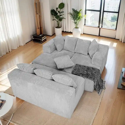 130" U-Shaped Sectional Sofa Corduroy Fabric Reversible Modular Couch for Living Room - Medium Soft Plush Seating