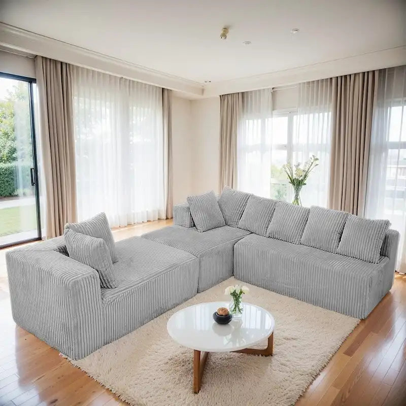 130" U-Shaped Sectional Sofa Corduroy Fabric Reversible Modular Couch for Living Room - Medium Soft Plush Seating