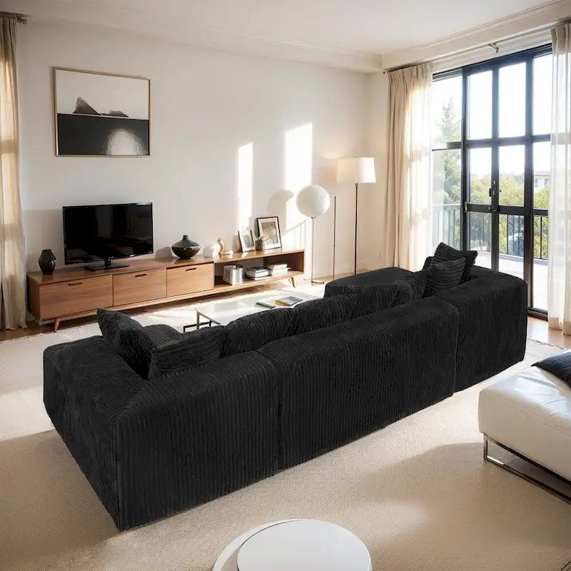 130" U-Shaped Sectional Sofa Corduroy Fabric Reversible Modular Couch for Living Room - Medium Soft Plush Seating