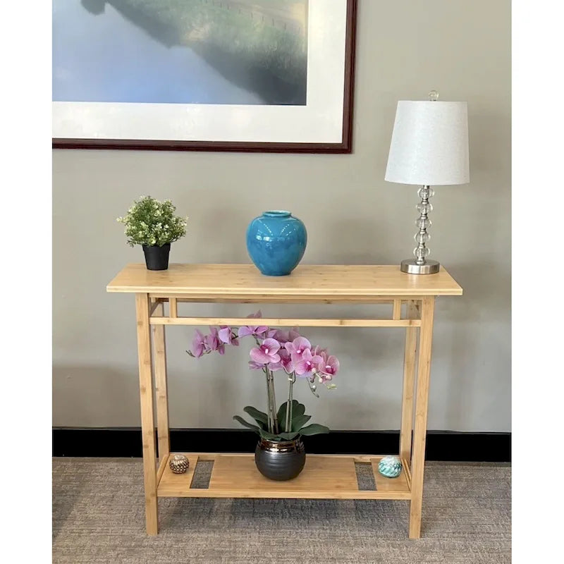 Bamboo End Table with Shelf - Natural Finish Side Table 40W x 14D x 32H - Contemporary Living Room Furniture