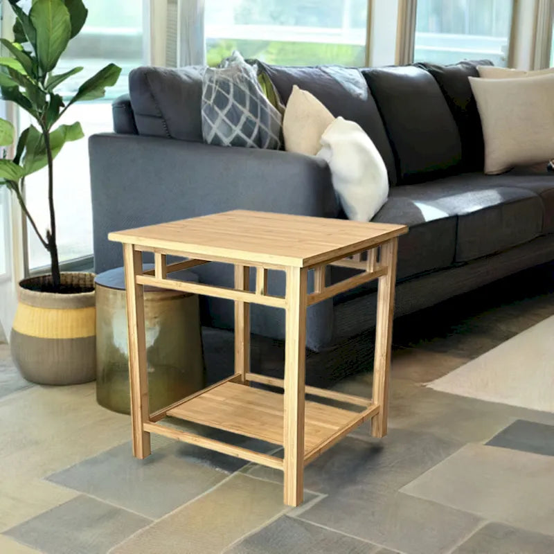 Bamboo End Table with Shelf - Natural Finish Side Table 40W x 14D x 32H - Contemporary Living Room Furniture