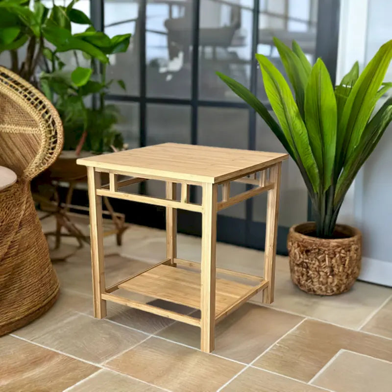 Bamboo End Table with Shelf - Natural Finish Side Table 40W x 14D x 32H - Contemporary Living Room Furniture